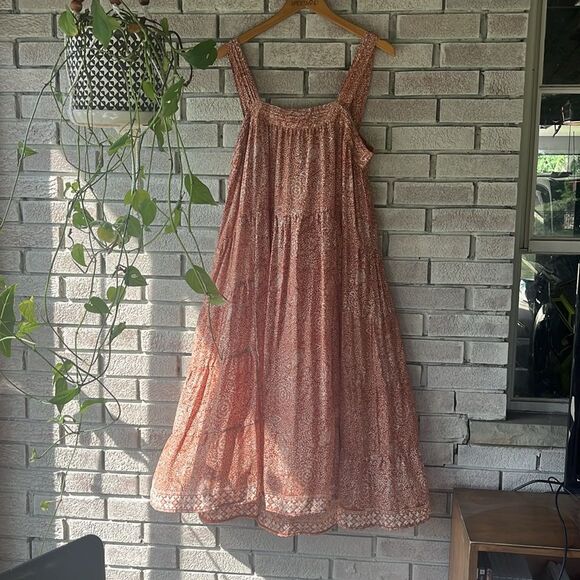 Natalie Martin Jasmine Silk Floral Print Tiered Midi Dress rust Size Large - Picture 1 of 6